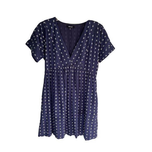 Madewell Navy & White Textured Dot V-Neck Dolman Sleeve Mini Dress Sz XS Preppy - Picture 2 of 8
